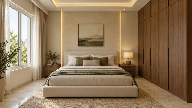 Generated bedroom interior with an ivory upholstered bed, walnut wardrobes and a white framed window