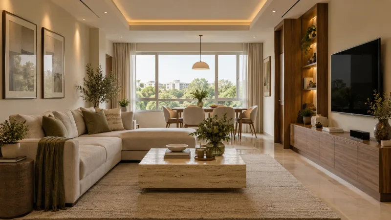 Generated apartment living and dining interior with an ivory sofa, walnut storage and a white framed window
