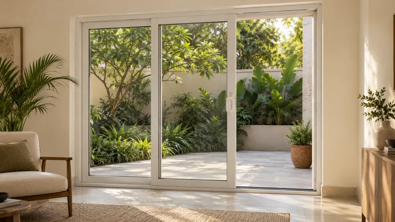 Generated concept of white uPVC glazed patio doors opening towards a leafy courtyard