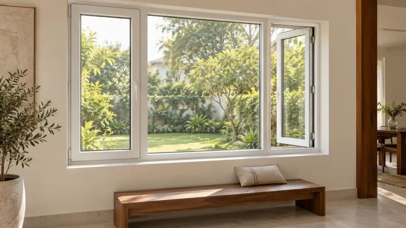 Generated concept of white uPVC casement windows above a walnut bench, overlooking a garden
